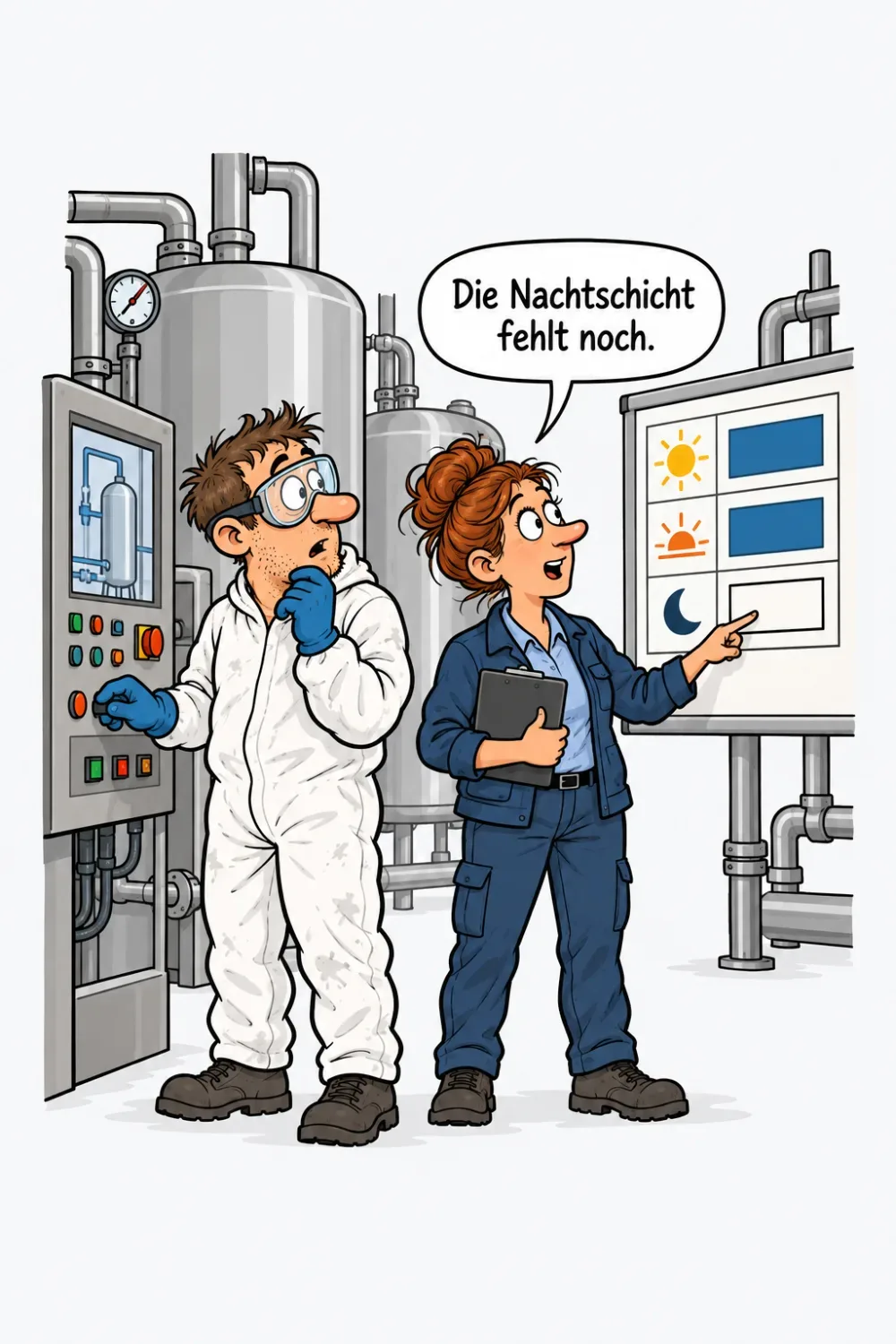 Ein Chemikant im Schutzanzug steht am Leitstand einer Chemieanlage, daneben zeigt die Produktionsleiterin auf einen leeren Platz im Schichtplan