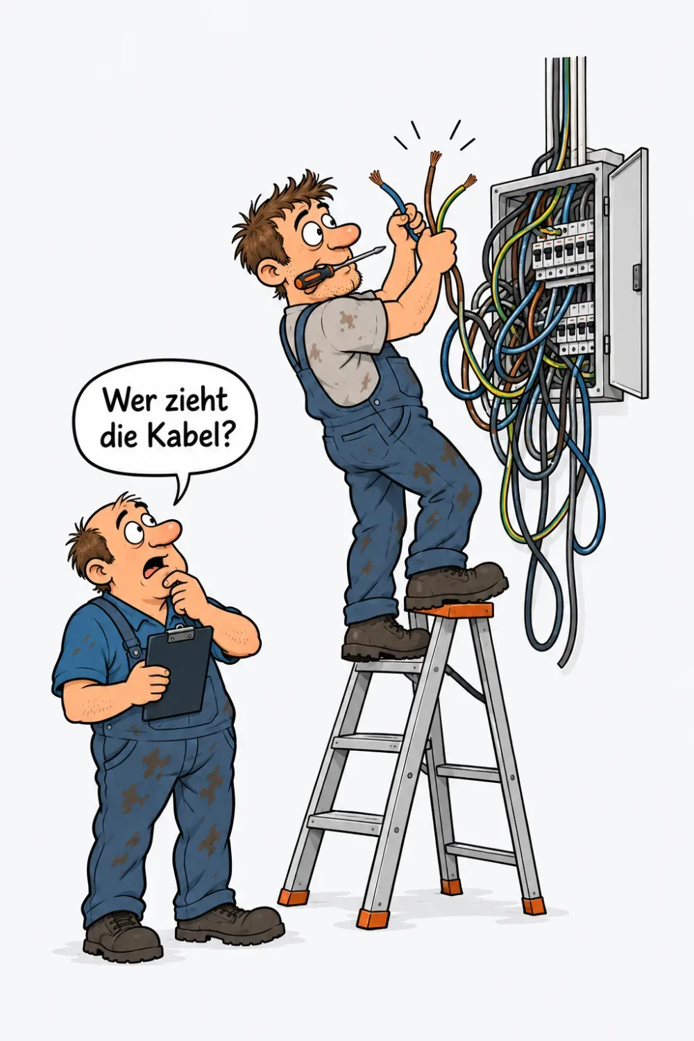 Ein Elektriker auf der Leiter vor einem Kabelgewirr am Verteilerkasten, unten schaut der Inhaber mit Klemmbrett besorgt nach oben