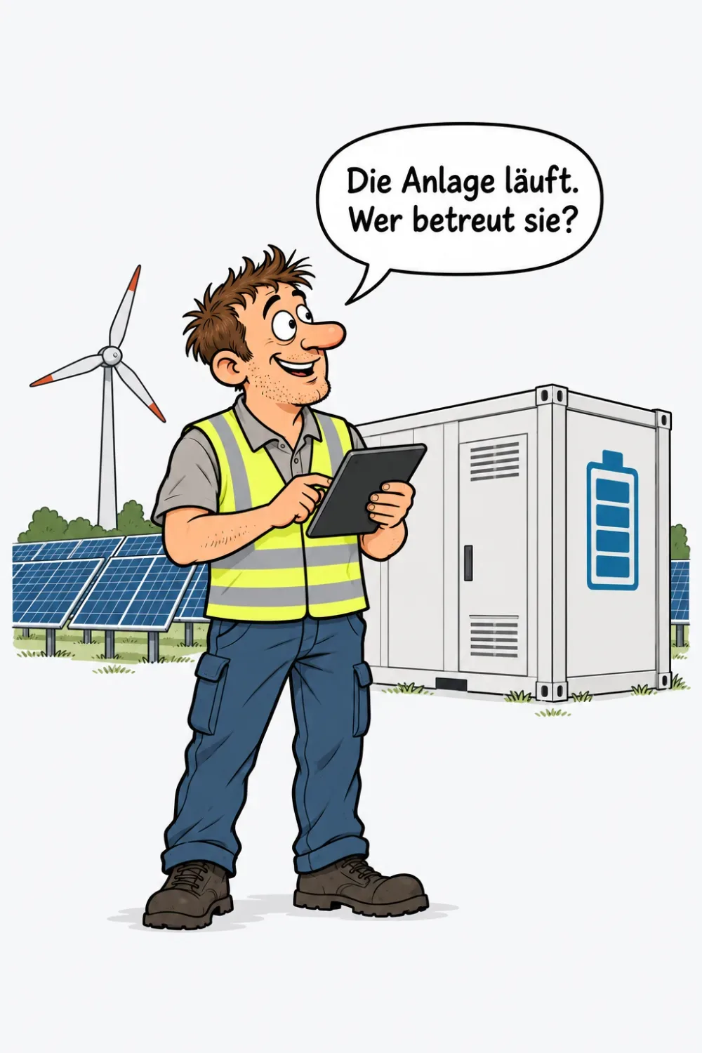 Ein Energietechniker in Warnweste steht mit Tablet vor einem Batteriespeicher, dahinter Solarmodule und ein Windrad