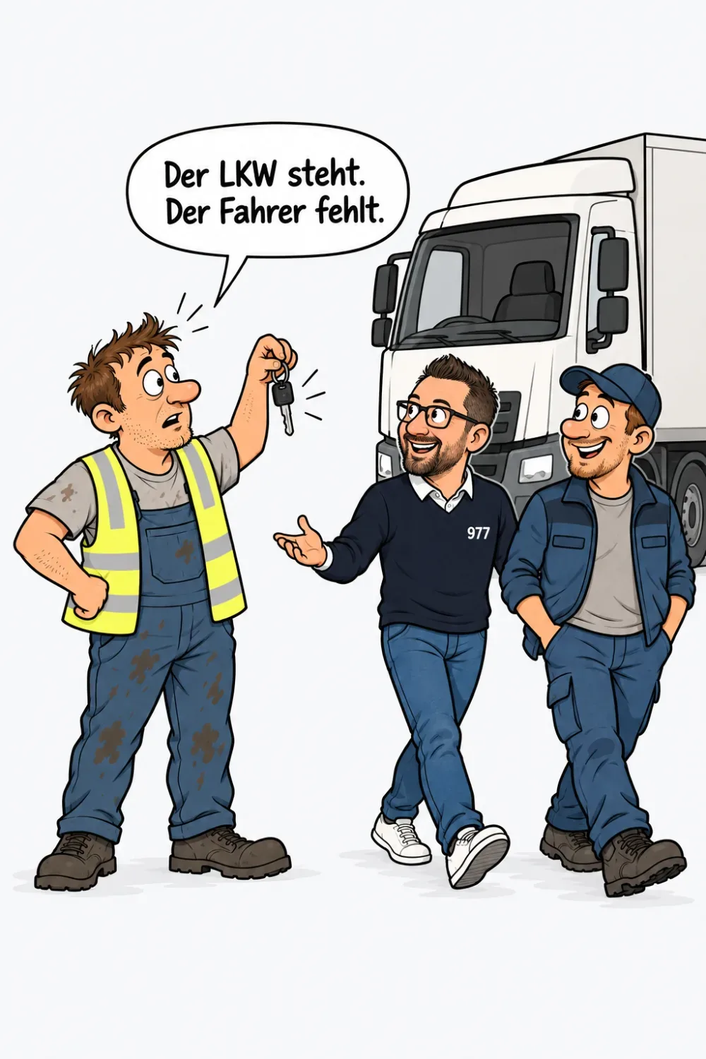 Ein LKW steht ohne Fahrer im Hof, der Fuhrparkleiter hält den Schlüssel hoch, Robin kommt mit einem Fahrer dazu