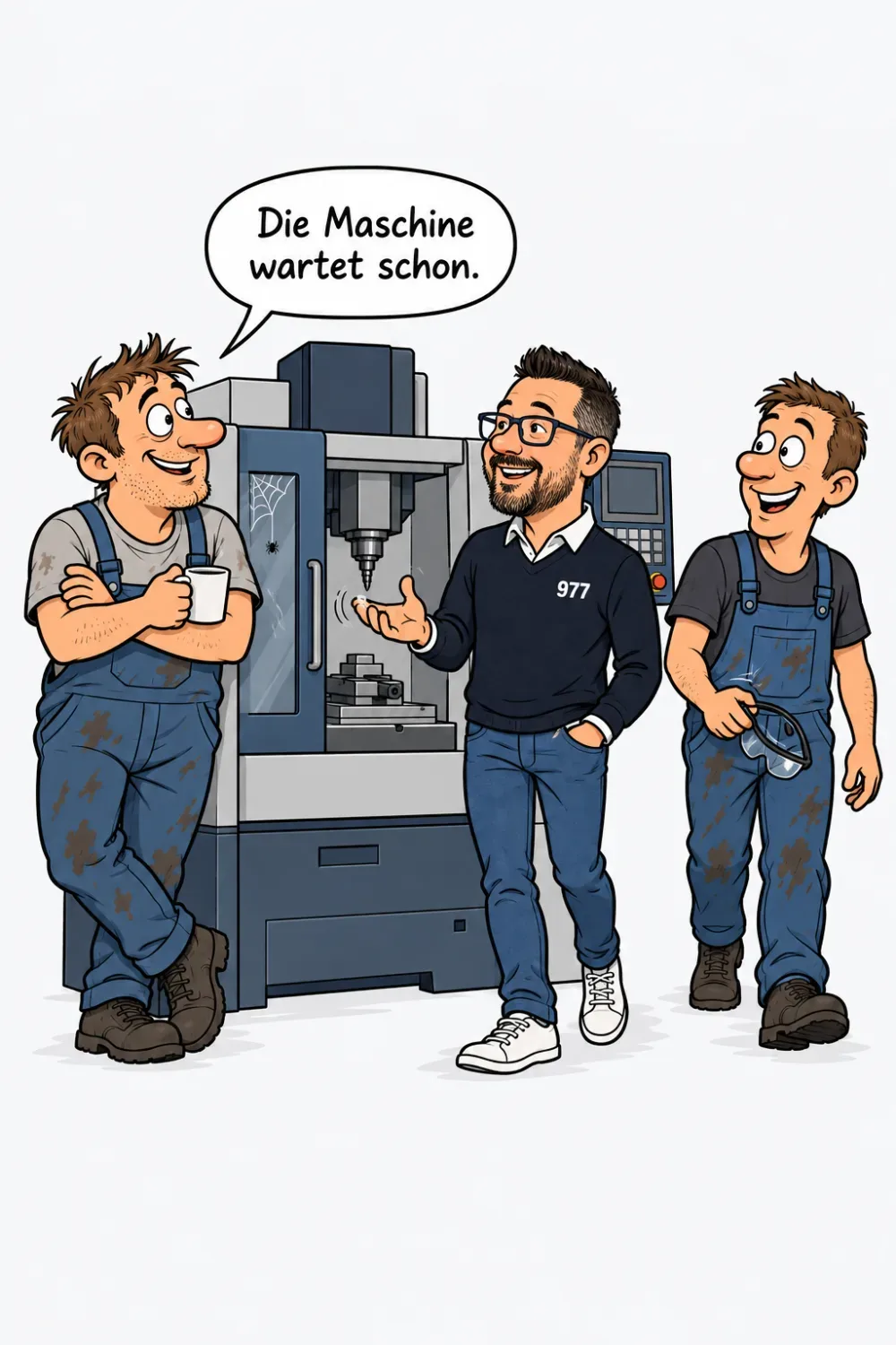 Der Inhaber lehnt mit Kaffeetasse an einer stillstehenden CNC Fräsmaschine, Robin bringt einen Zerspaner mit Schutzbrille dazu