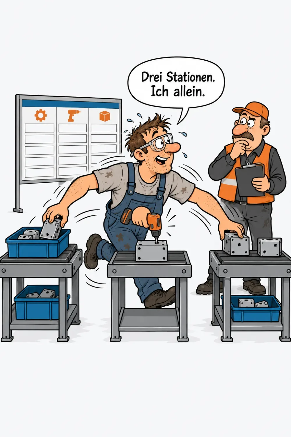 Ein Arbeiter läuft allein zwischen drei Stationen einer Produktionslinie hin und her, ein Schichtleiter mit Klemmbrett schaut zu