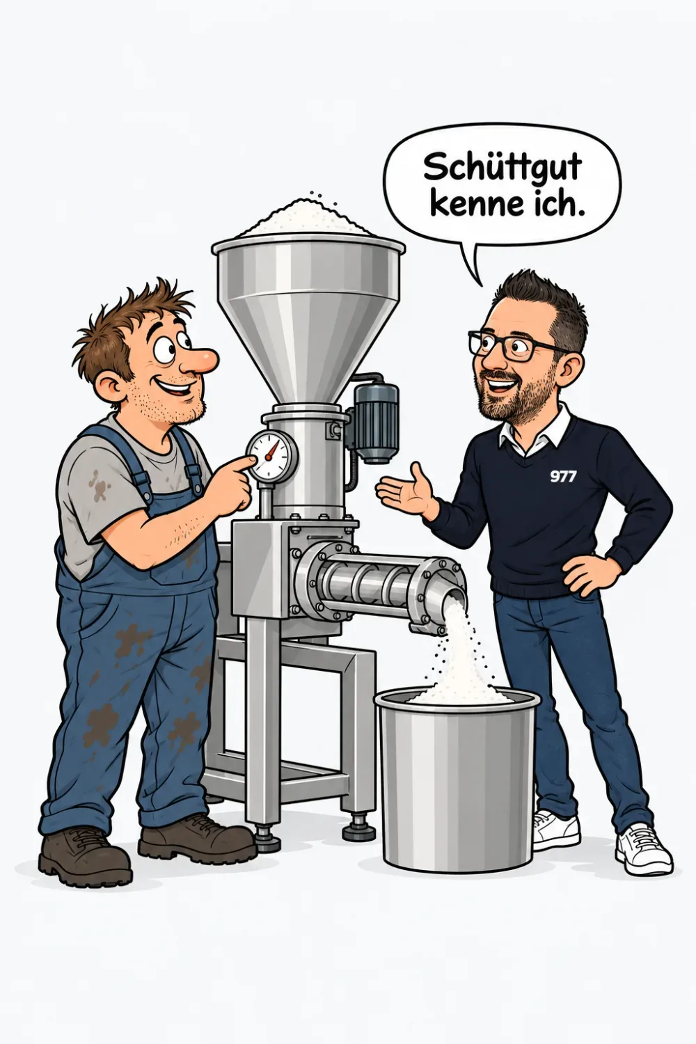 Robin steht neben einer großen Dosieranlage mit Trichter und Förderschnecke, ein Techniker im blauen Overall prüft ein Messgerät