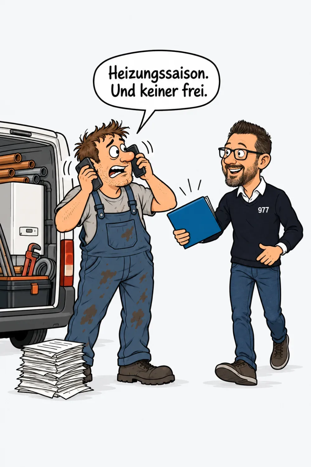 Ein SHK Meister neben seinem vollgepackten Servicewagen hält zwei klingelnde Telefone, Robin reicht ihm eine blaue Mappe