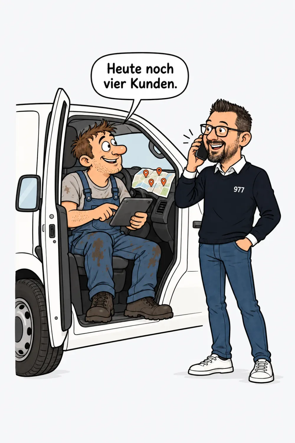 Ein Servicetechniker sitzt im offenen Servicewagen mit Tablet und Landkarte voller Nadeln, Robin steht mit Telefon daneben