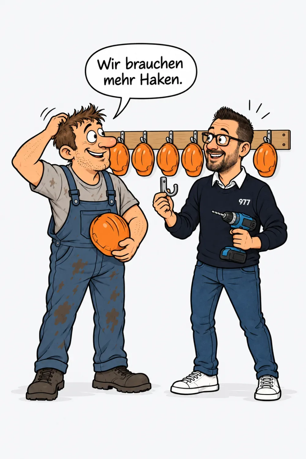 Ein Werkstattinhaber vor einer Wand voller Haken mit Schutzhelmen, ihm fehlt ein Haken, Robin hält den Akkuschrauber