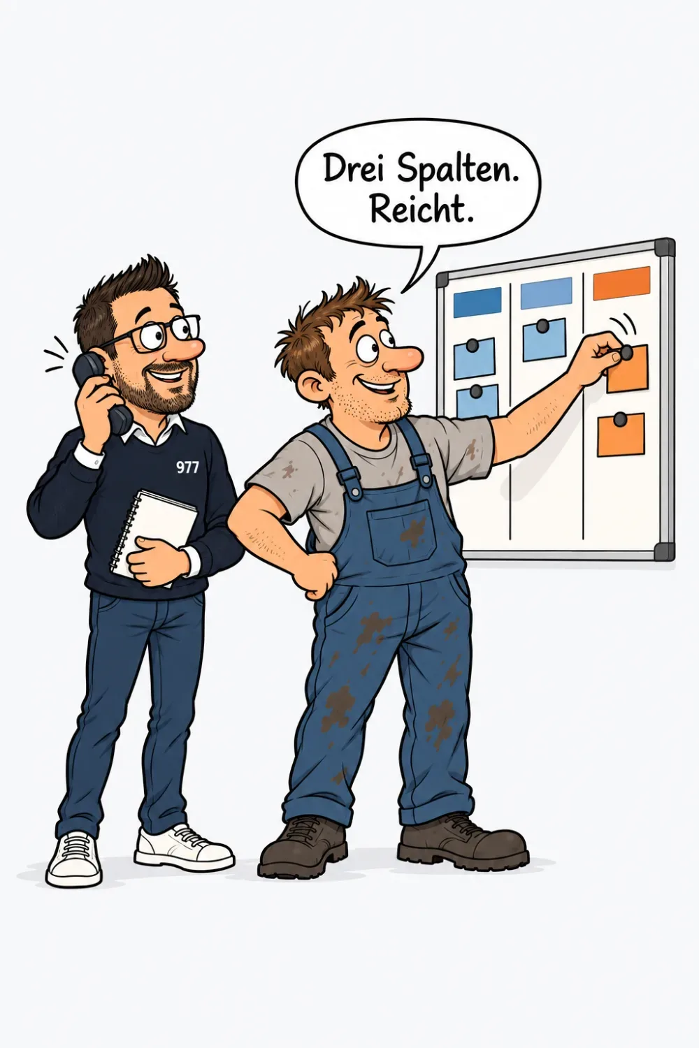 Werkstattinhaber schiebt eine Magnetkarte auf einem Wandbrett mit drei Spalten in die dritte Spalte, Robin steht mit Telefon und Notizbuch daneben