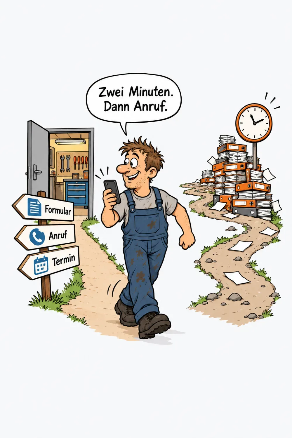 Ein junger Elektriker mit Handy an einer Weggabelung: links ein kurzer Weg mit drei Schildern Formular, Anruf, Termin zur offenen Werkstatttür, rechts ein langer Weg voller Aktenordner