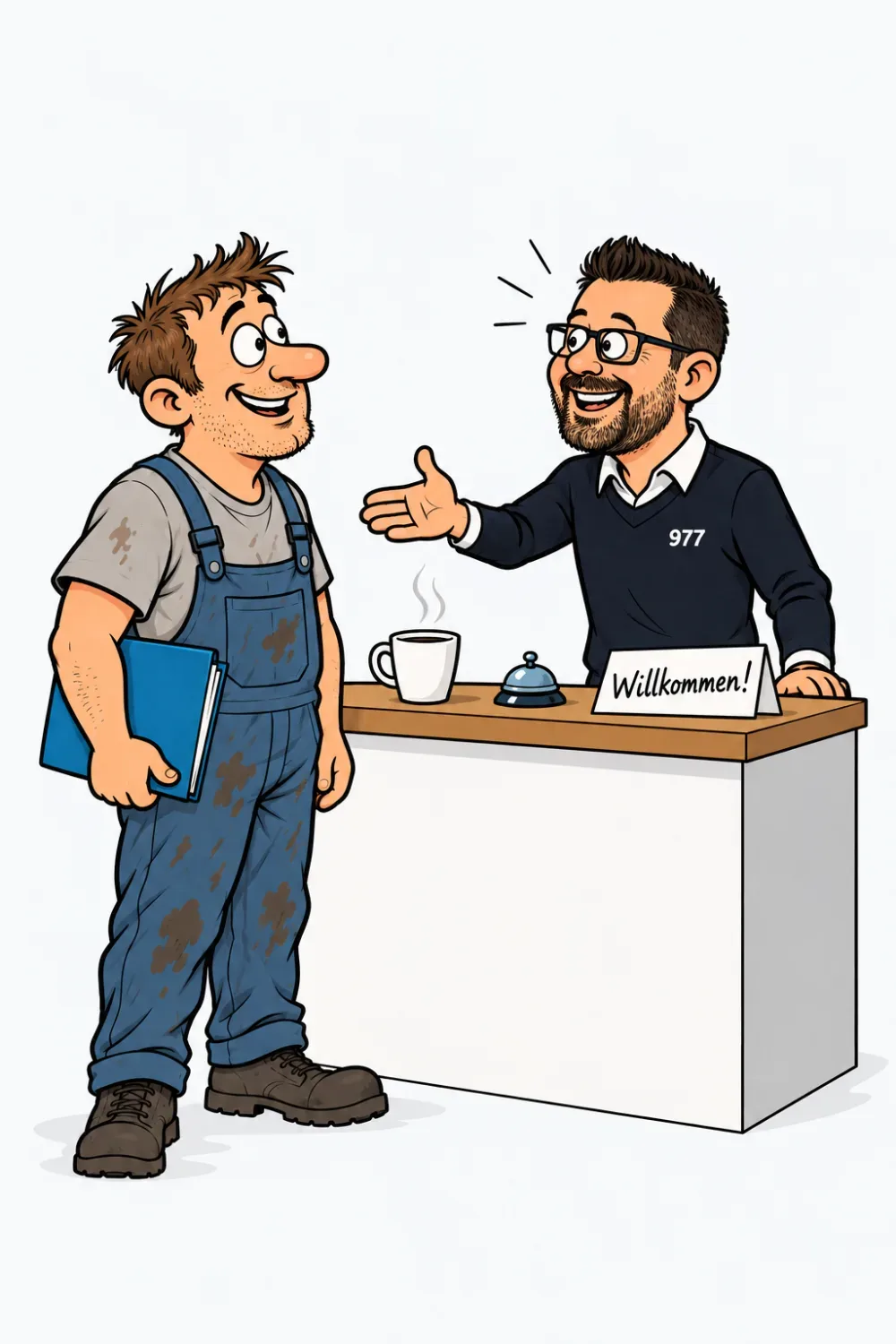 Ein Bewerber in Arbeitskleidung steht am Empfangstresen einer Werkstatt, ein Kaffee und ein Namensschild warten schon, Robin begrüßt ihn