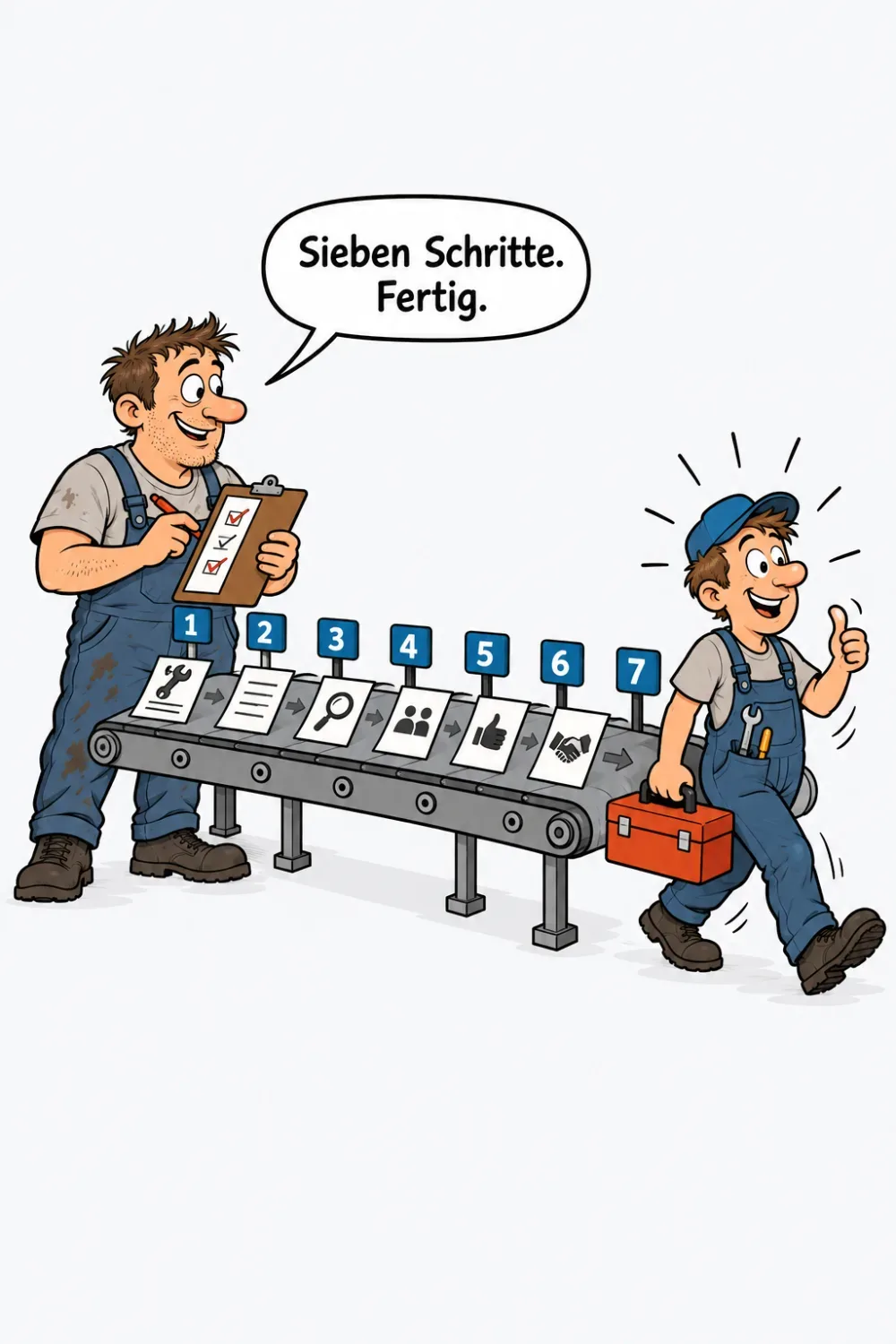 Ein kleines Förderband mit sieben nummerierten Stationen in der Werkstatt, am Ende steigt ein neuer Mechaniker mit Werkzeugkiste ab, der Inhaber hakt auf dem Klemmbrett ab