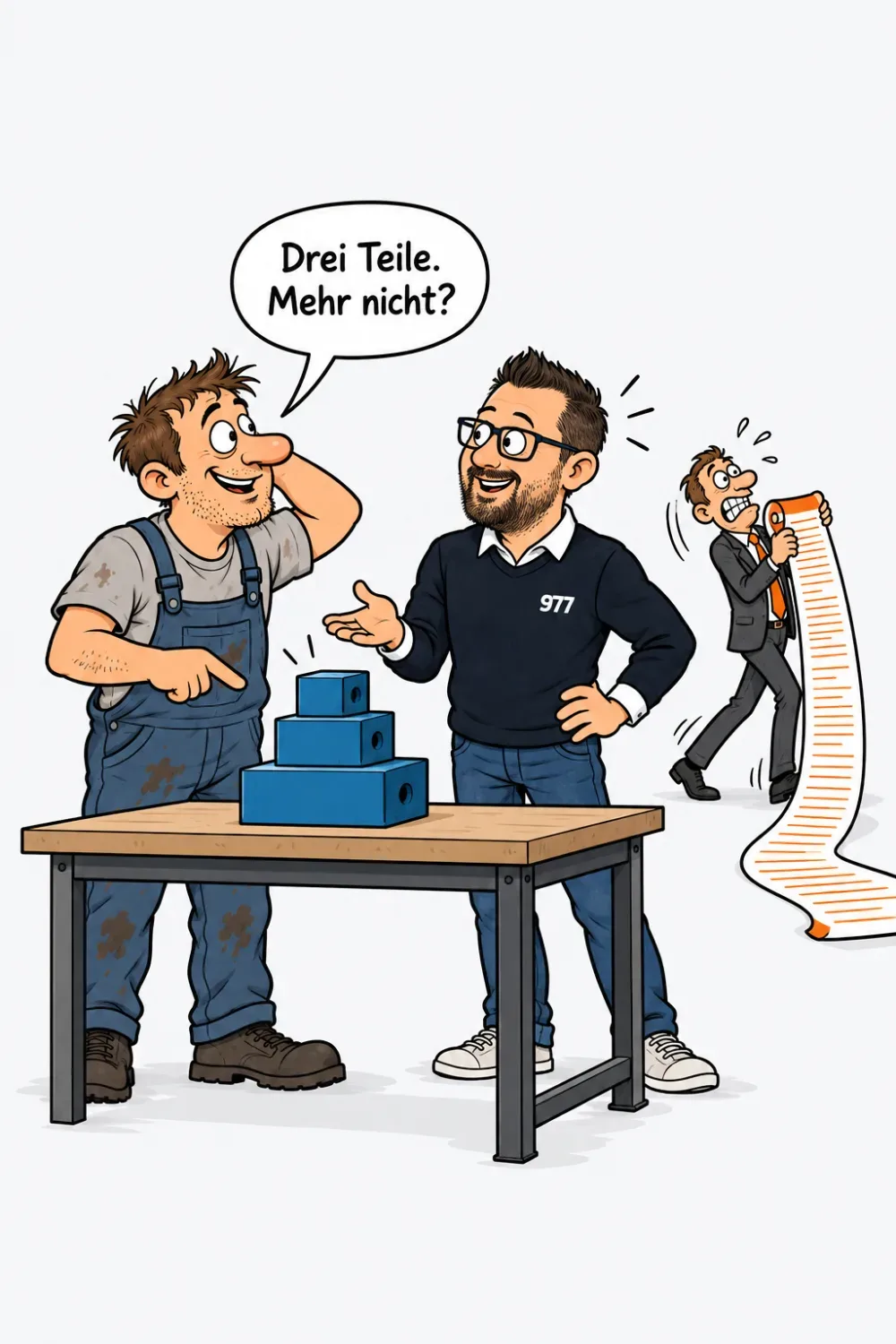Robin und ein Werkstattinhaber vor drei blauen Bausteinen auf der Werkbank, hinten schleppt ein Agenturmann eine meterlange Preisliste davon