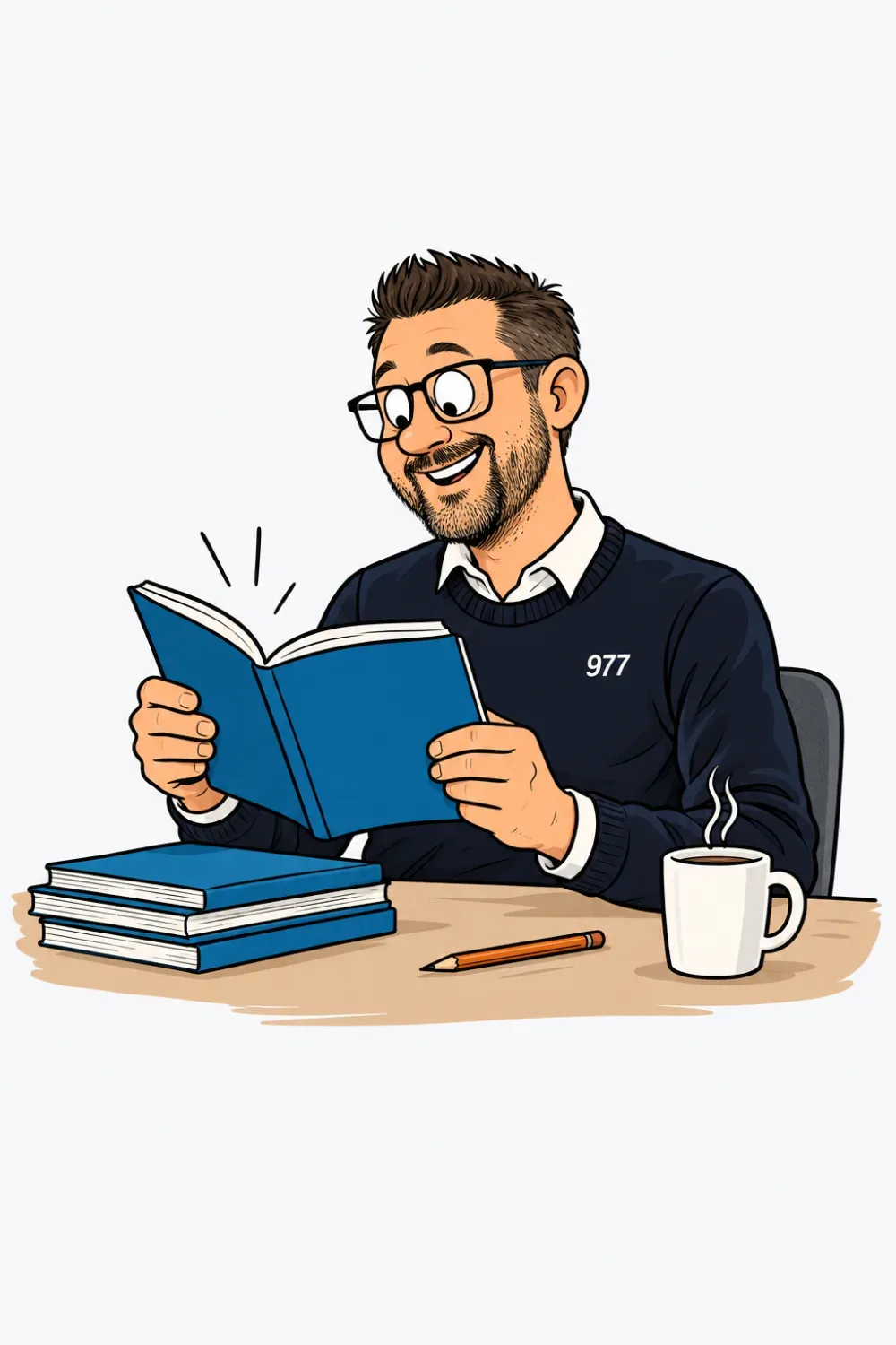 Robin sitzt an der Werkbank mit einem kleinen Stapel dünner Handbücher, Lesebrille hochgeschoben, ein Buch aufgeschlagen