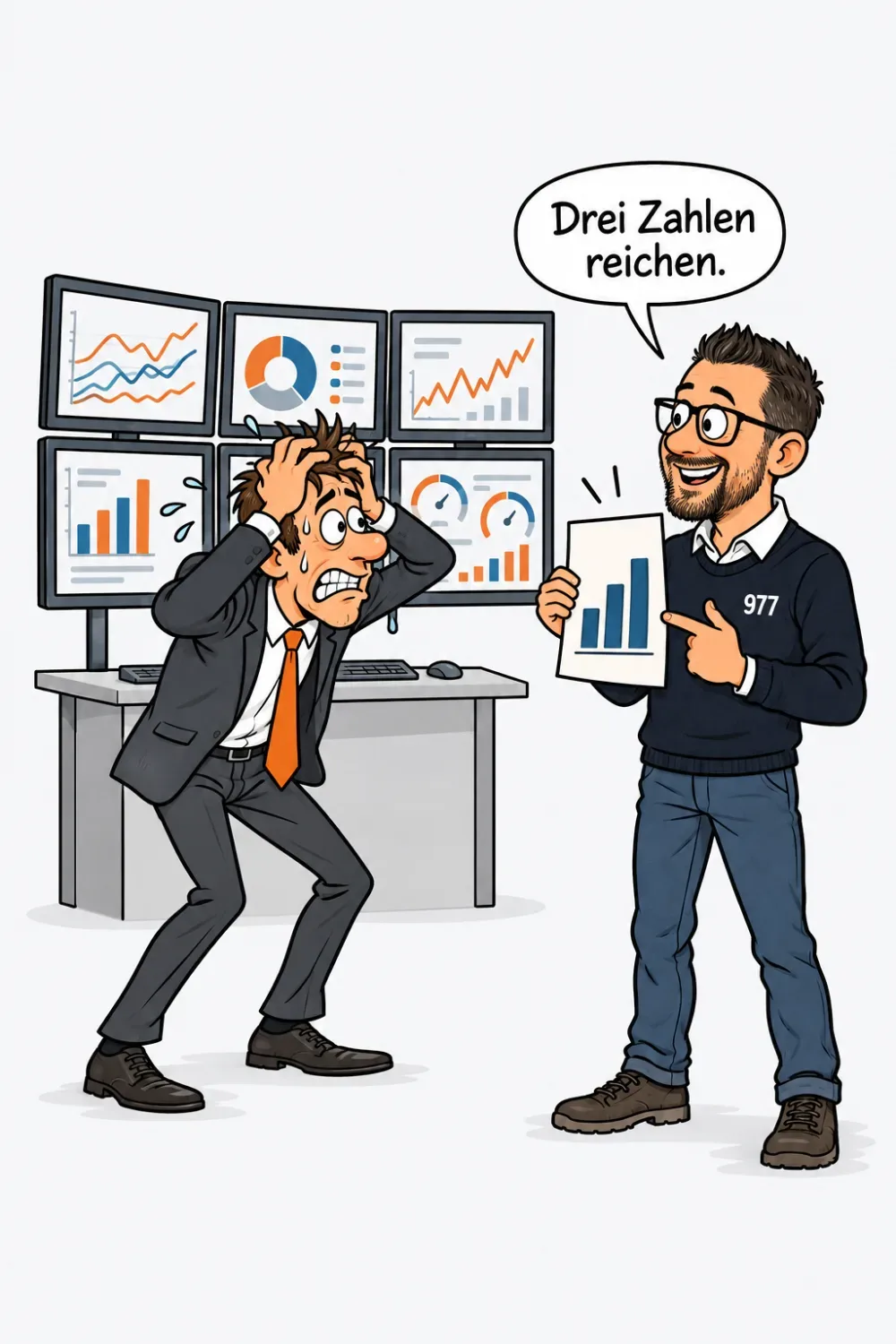 Ein Agenturmann schwitzt vor einer Wand voller Monitore, Robin hält ein Blatt mit drei Balken hoch und sagt: Drei Zahlen reichen