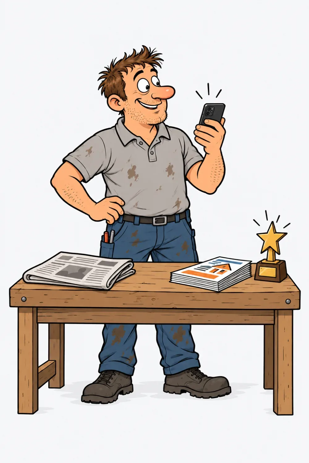 Auf einer Werkbank liegen Zeitung, Handy, Flyer und ein Handschlag Symbol, ein Inhaber wählt das Handy