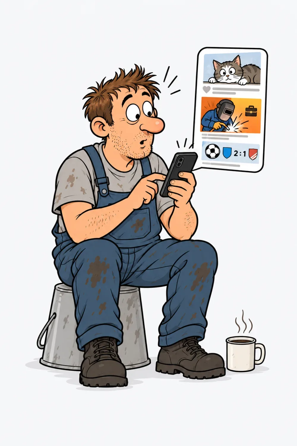 Werkstattinhaber sitzt in der Kaffeepause auf einem Eimer und entdeckt auf dem Handy zwischen Katzenbild und Fußballergebnis eine Stellenanzeige