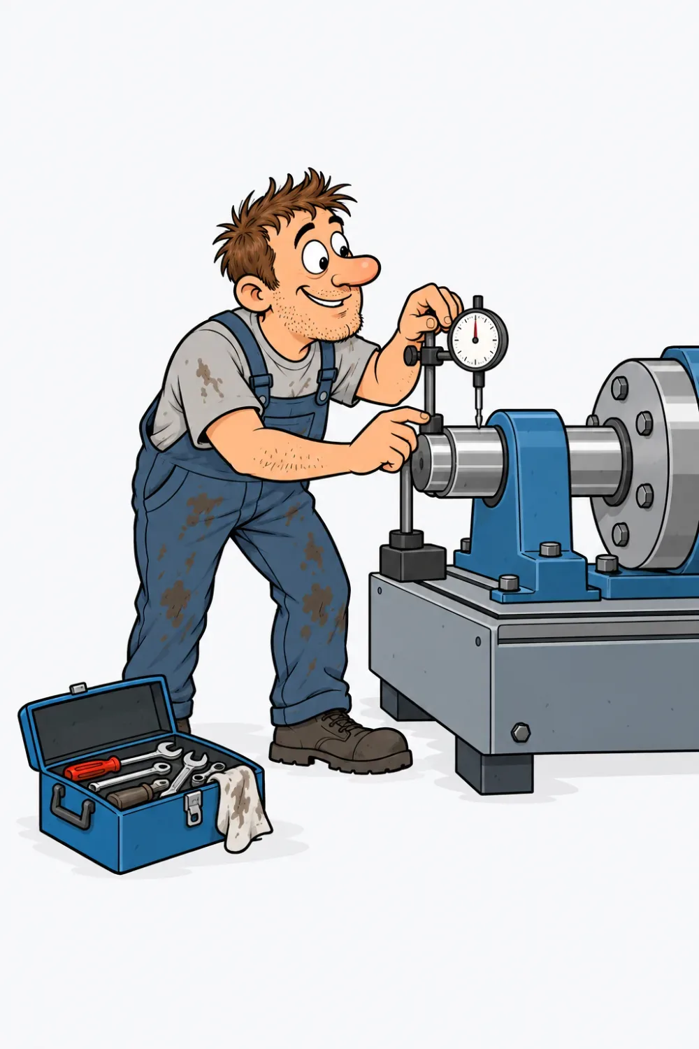 Ein Industriemechaniker richtet mit Messuhr eine Welle an einer Maschine aus