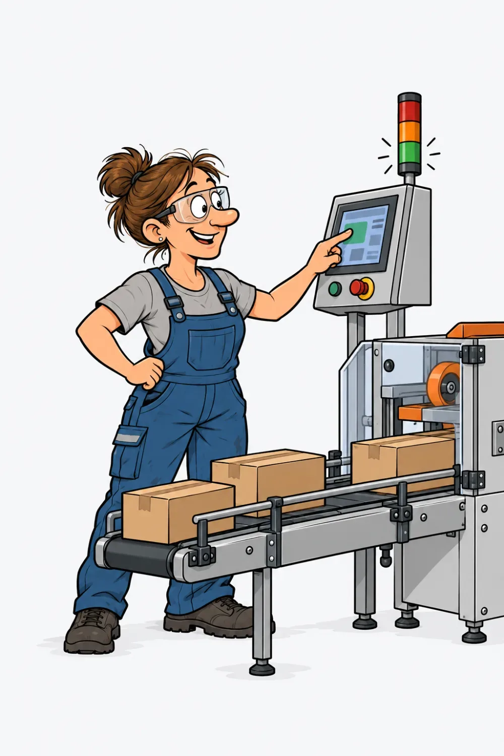 Eine Maschinen- und Anlagenführerin steht am Bedienfeld einer Verpackungsanlage und lächelt