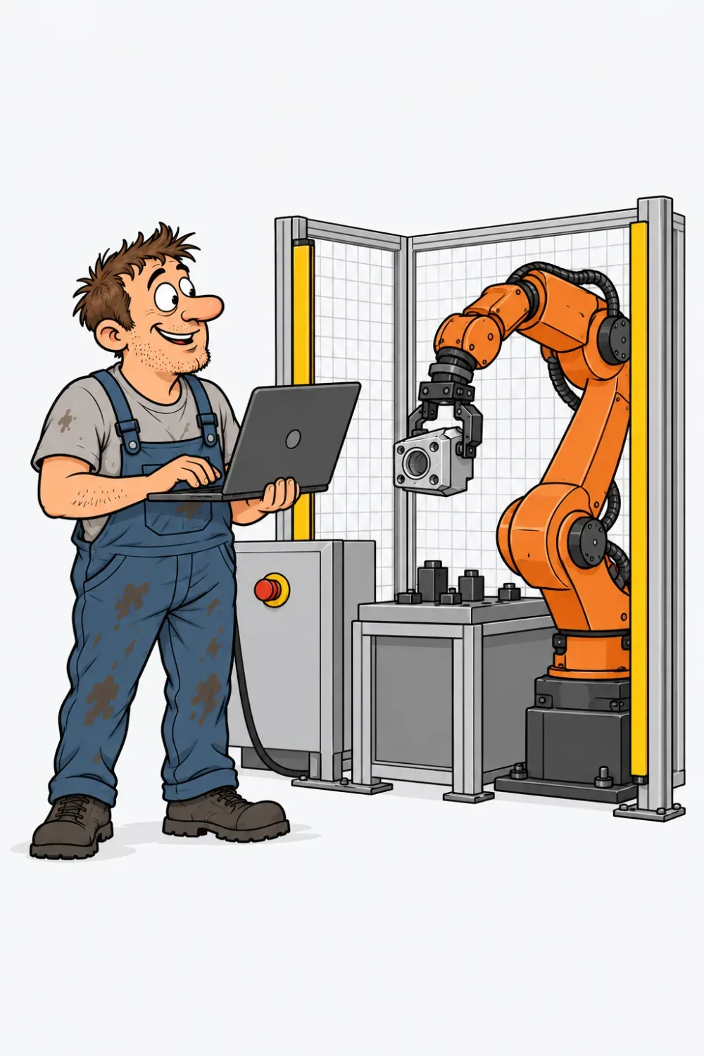 Ein Mechatroniker programmiert mit Laptop einen Industrieroboter an einer Fertigungszelle
