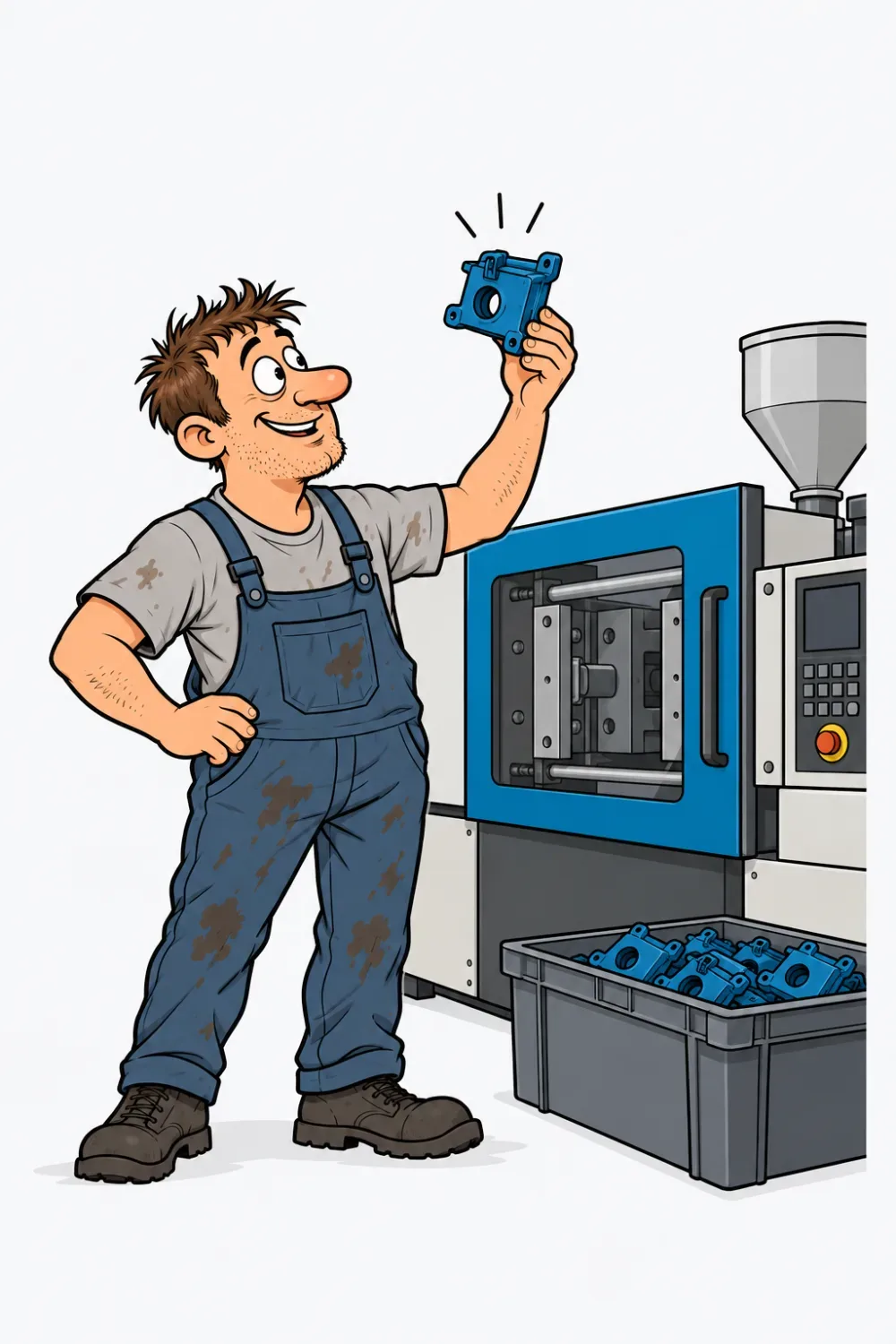 Ein Verfahrensmechaniker hält ein frisch gespritztes Kunststoffteil vor eine Spritzgießmaschine