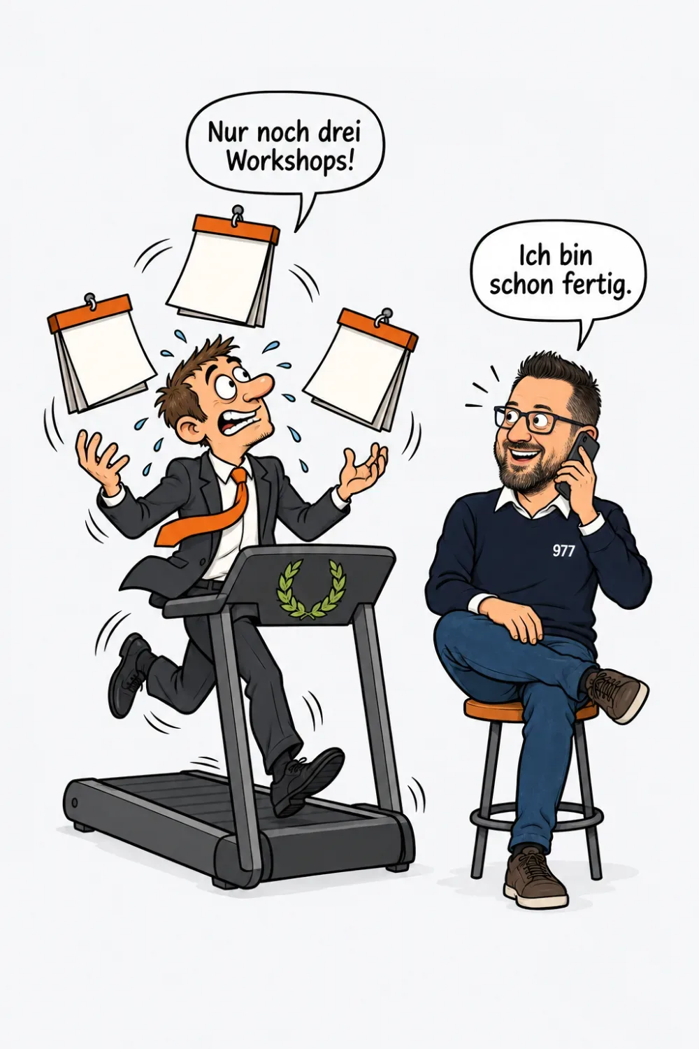 Ein Agenturmann läuft auf dem Laufband mit Lorbeerkranz und jongliert Flipcharts, Robin sitzt daneben ruhig mit dem Telefon