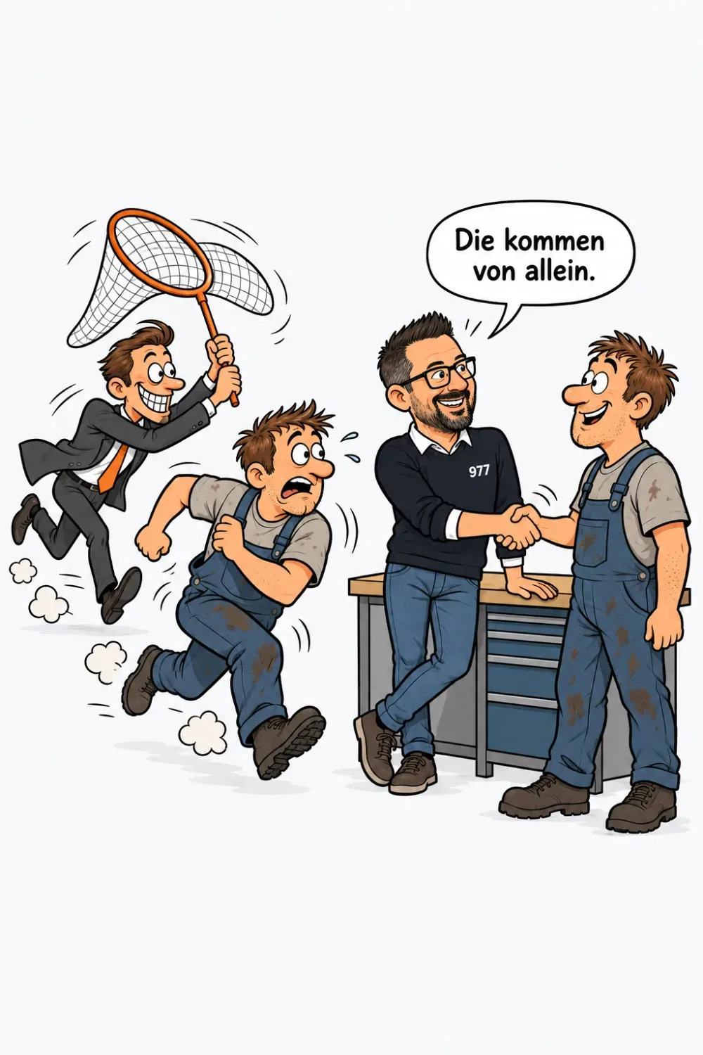Ein Headhunter jagt mit dem Schmetterlingsnetz einer Fachkraft hinterher, bei Robin kommt eine Fachkraft von allein und gibt die Hand