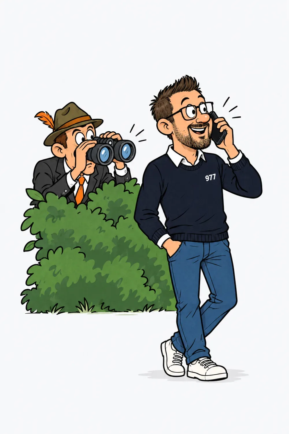 Ein Headhunter mit Fernglas und Jägerhut späht über eine Hecke, daneben telefoniert Robin gelassen
