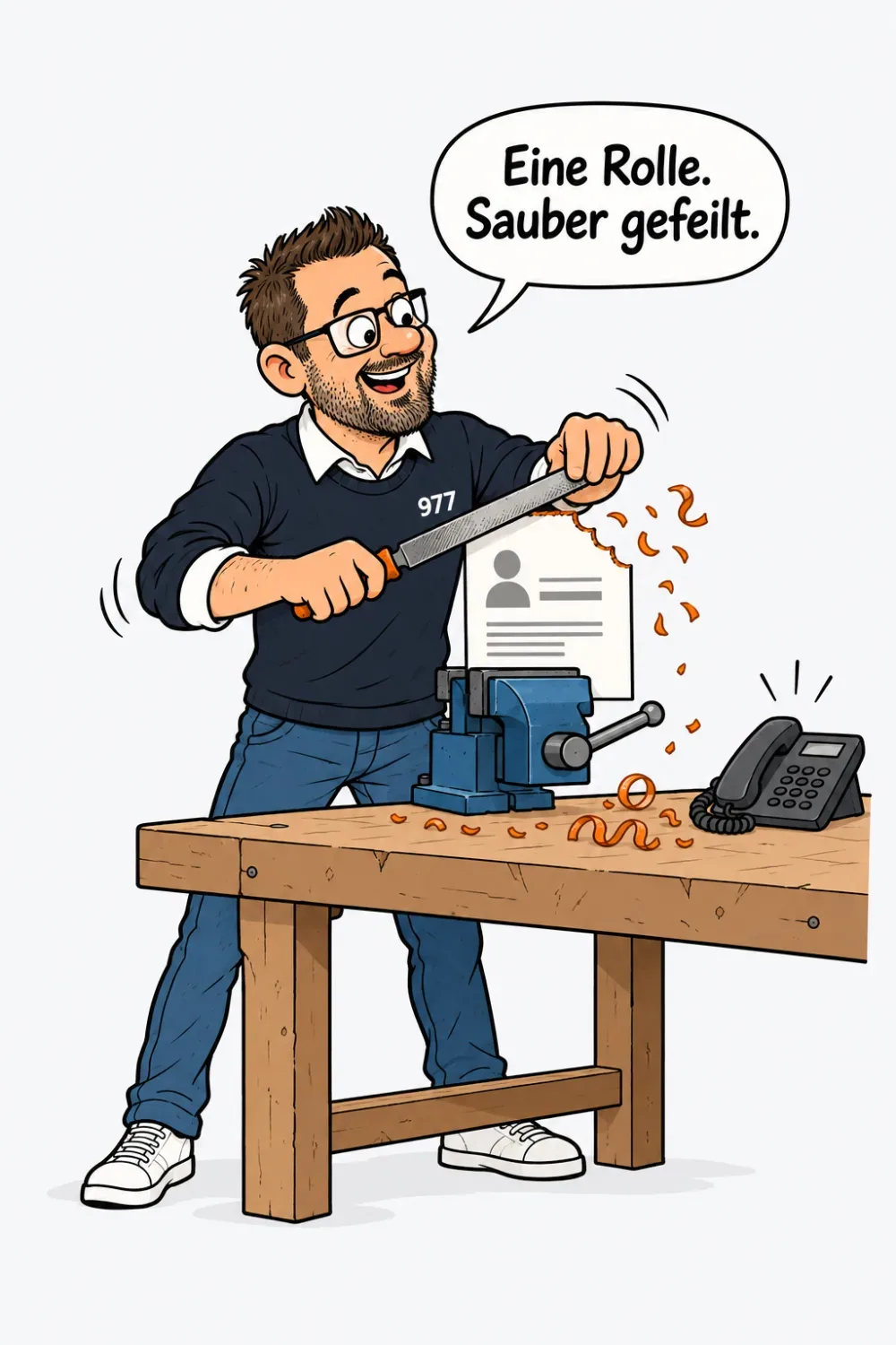 Robin feilt an der Werkbank eine einzelne Stellenanzeige in Form, sie steckt im Schraubstock
