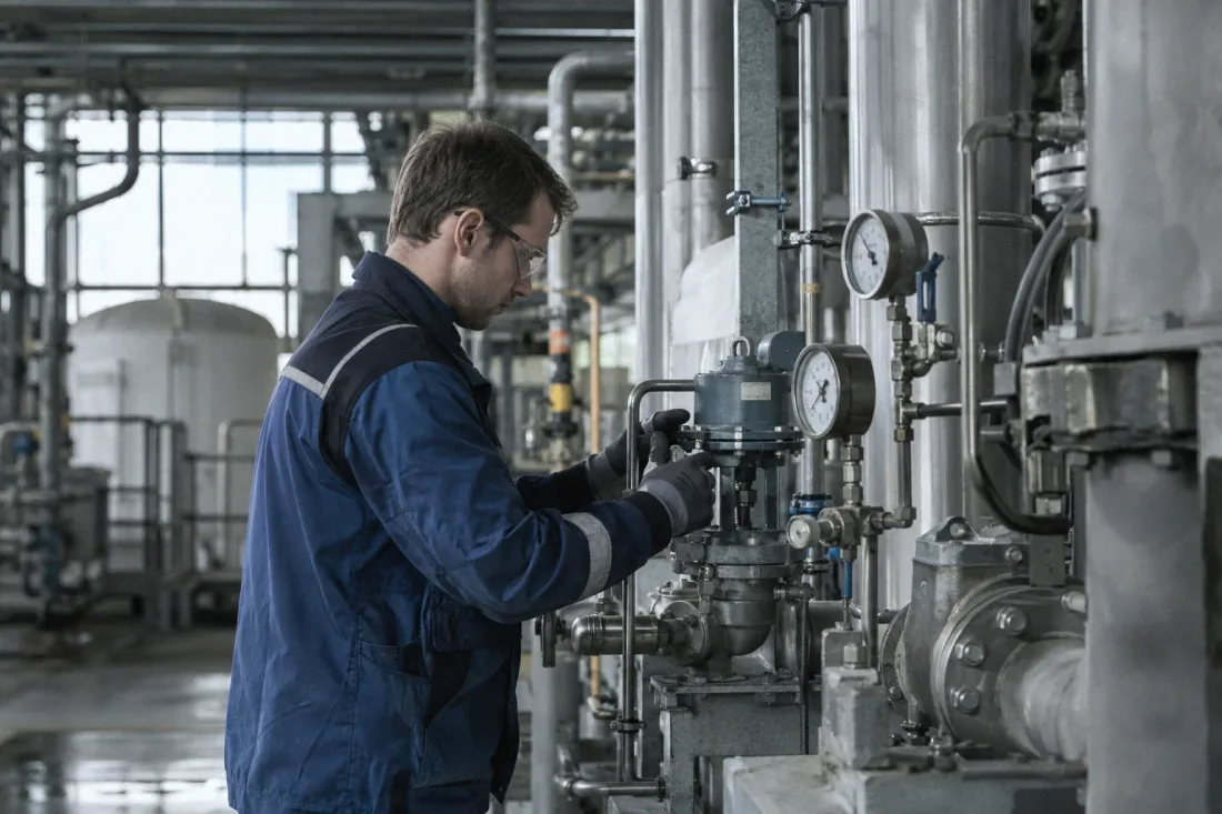Servicetechniker prüft ein Ventil an einer Lüftungsanlage in einer Chemieanlage