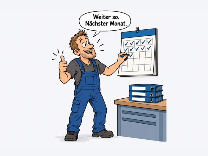 Werkstattinhaber hakt am Wandkalender ein Feld ab und hebt den Daumen