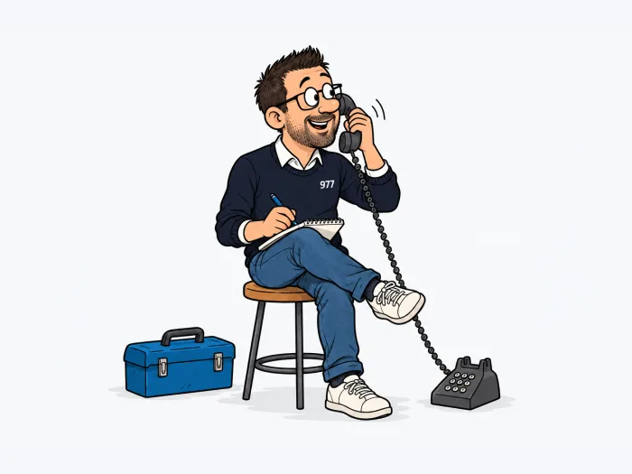 Robin sitzt mit Telefon und Notizbuch auf einem Hocker in der Halle