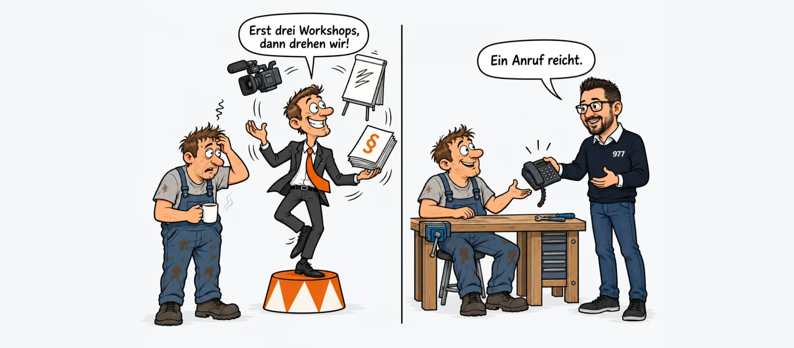 Links jongliert ein Agenturmann im Zirkuszelt mit Kamera, Flipchart und Verträgen, rechts sitzt der Werkstattinhaber ruhig an der Werkbank, ein Bewerber kommt zur Tür herein