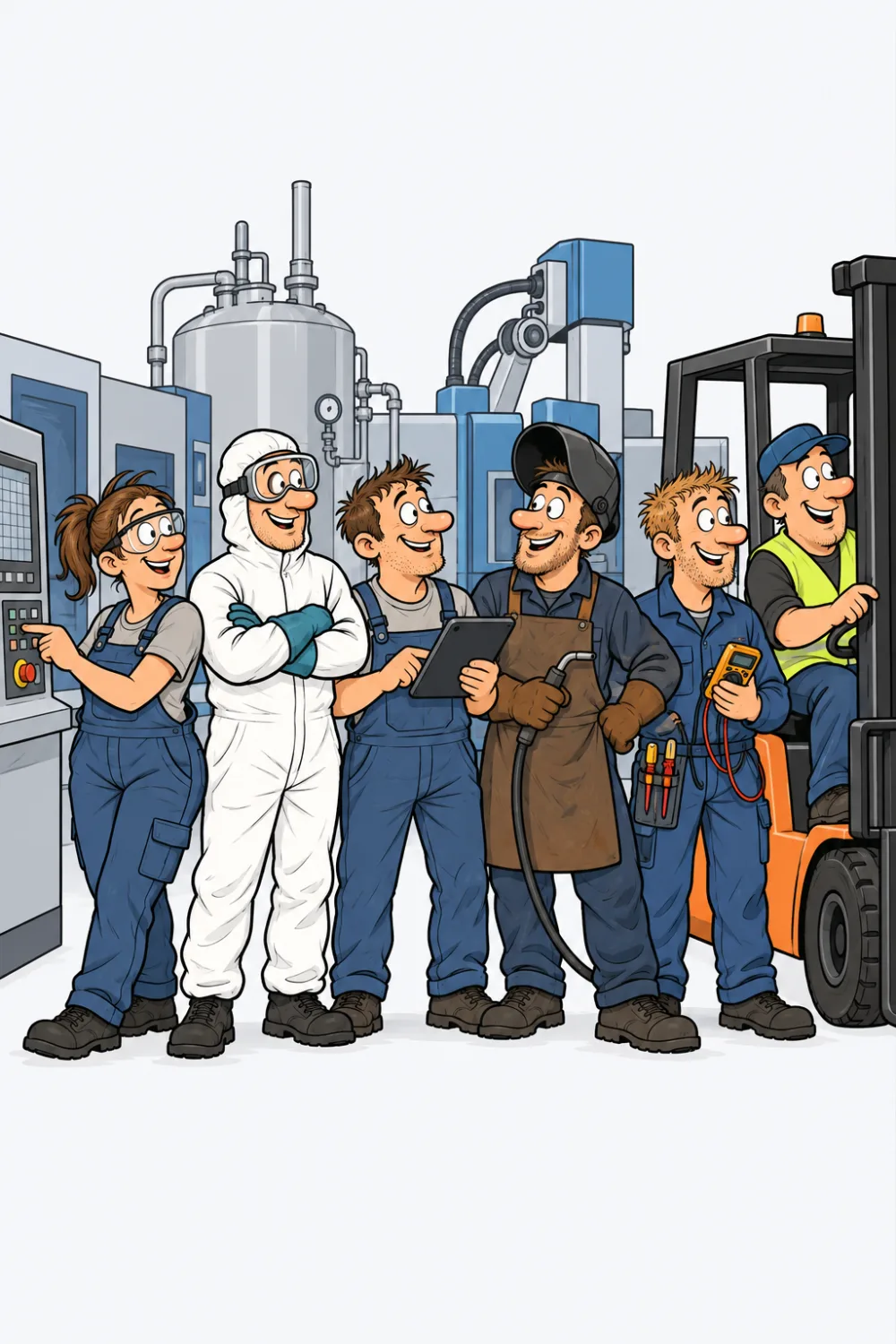 Sechs Fachkräfte stehen in einer Werkshalle nebeneinander: Anlagenführerin, Chemikant im Schutzanzug, Mechatroniker, Schweißer, Elektroniker und Staplerfahrer