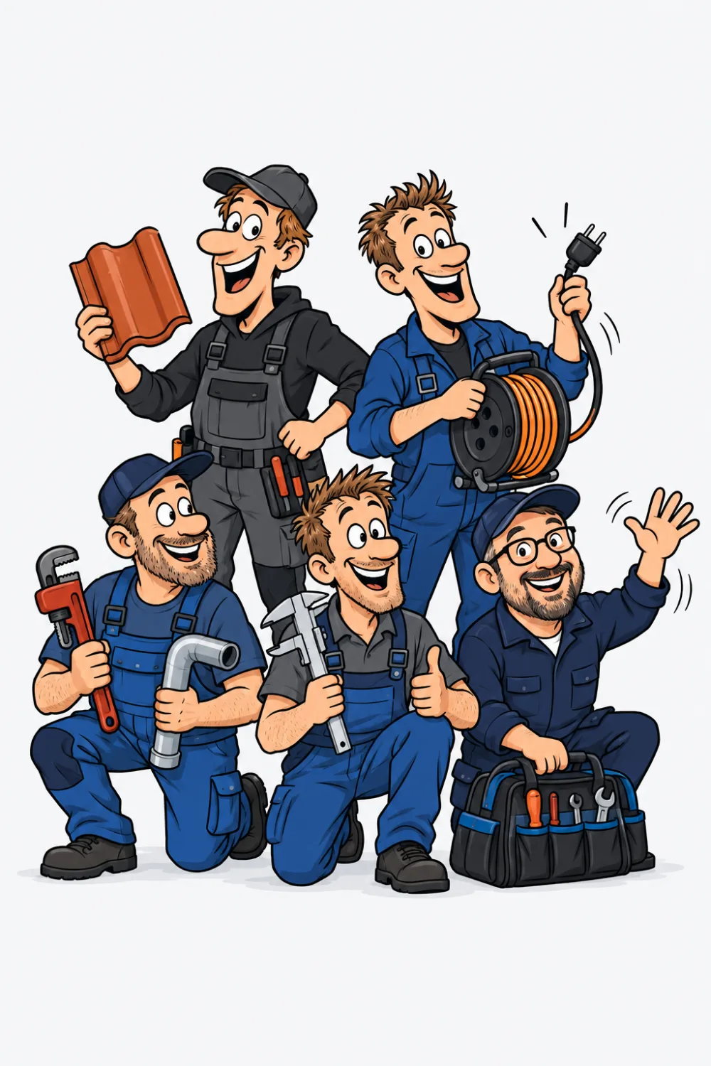 Sechs Fachkräfte stehen in einer Halle nebeneinander: Dachdecker, Elektriker, Installateur, Zerspaner, Servicetechniker und Büro