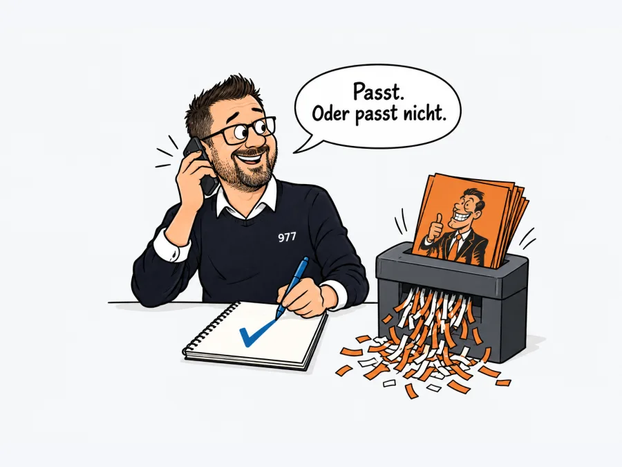 Robin telefoniert und malt ein Häkchen ins Notizbuch, ein Aktenvernichter frisst Hochglanzbroschüren