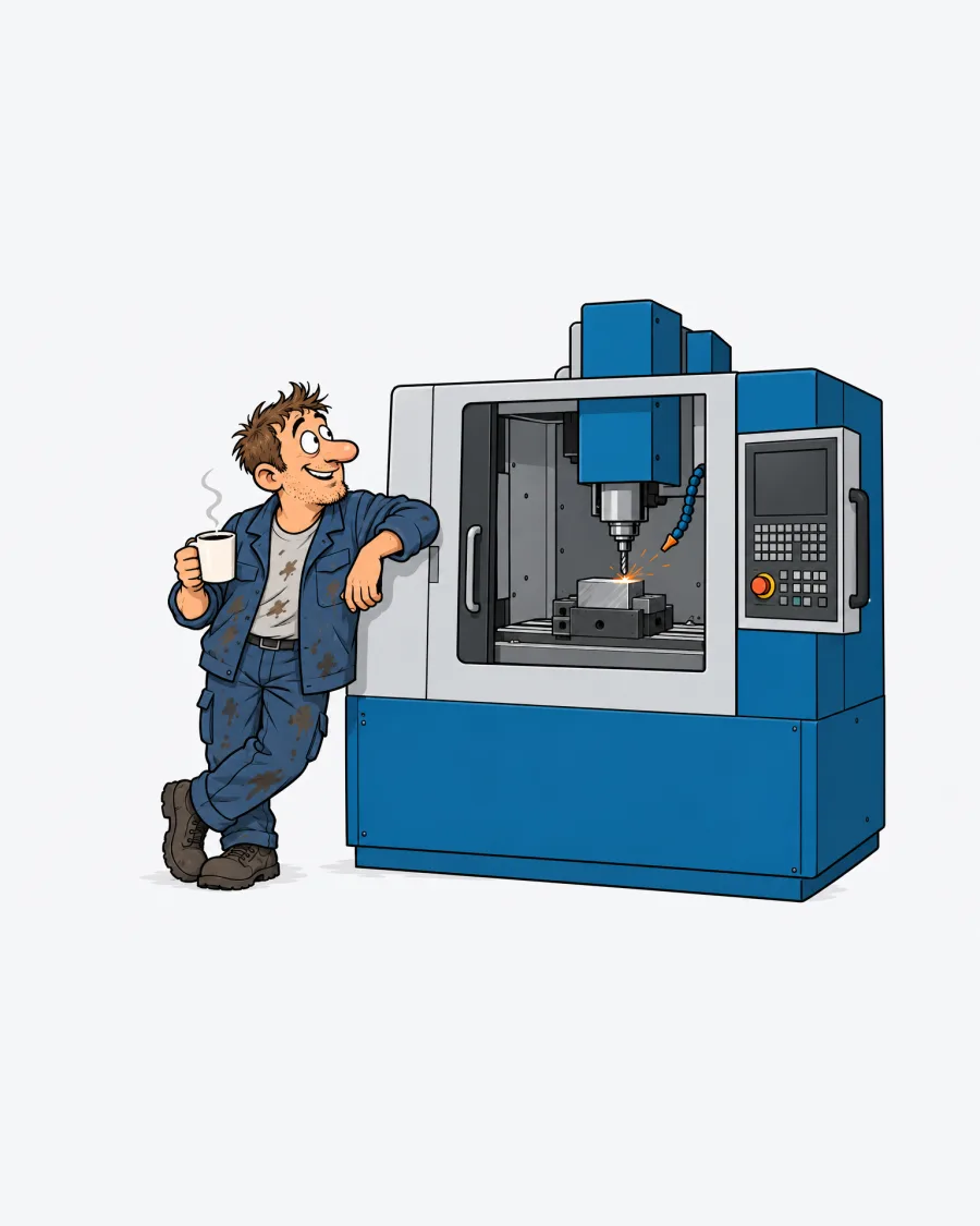 Reihe von CNC Maschinen in einer Halle, ein Zerspaner lehnt mit Kaffee an einer Maschine
