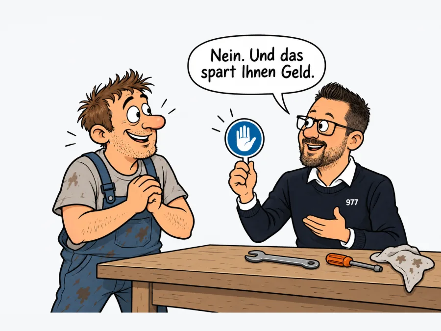 Robin hält an der Werkbank ein kleines Stoppschild hoch, beide lächeln