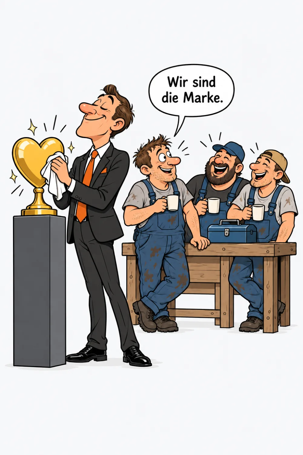 Ein Agenturmann poliert einen goldenen Herzpokal, dahinter lachen drei Handwerker beim Kaffee: Wir sind die Marke