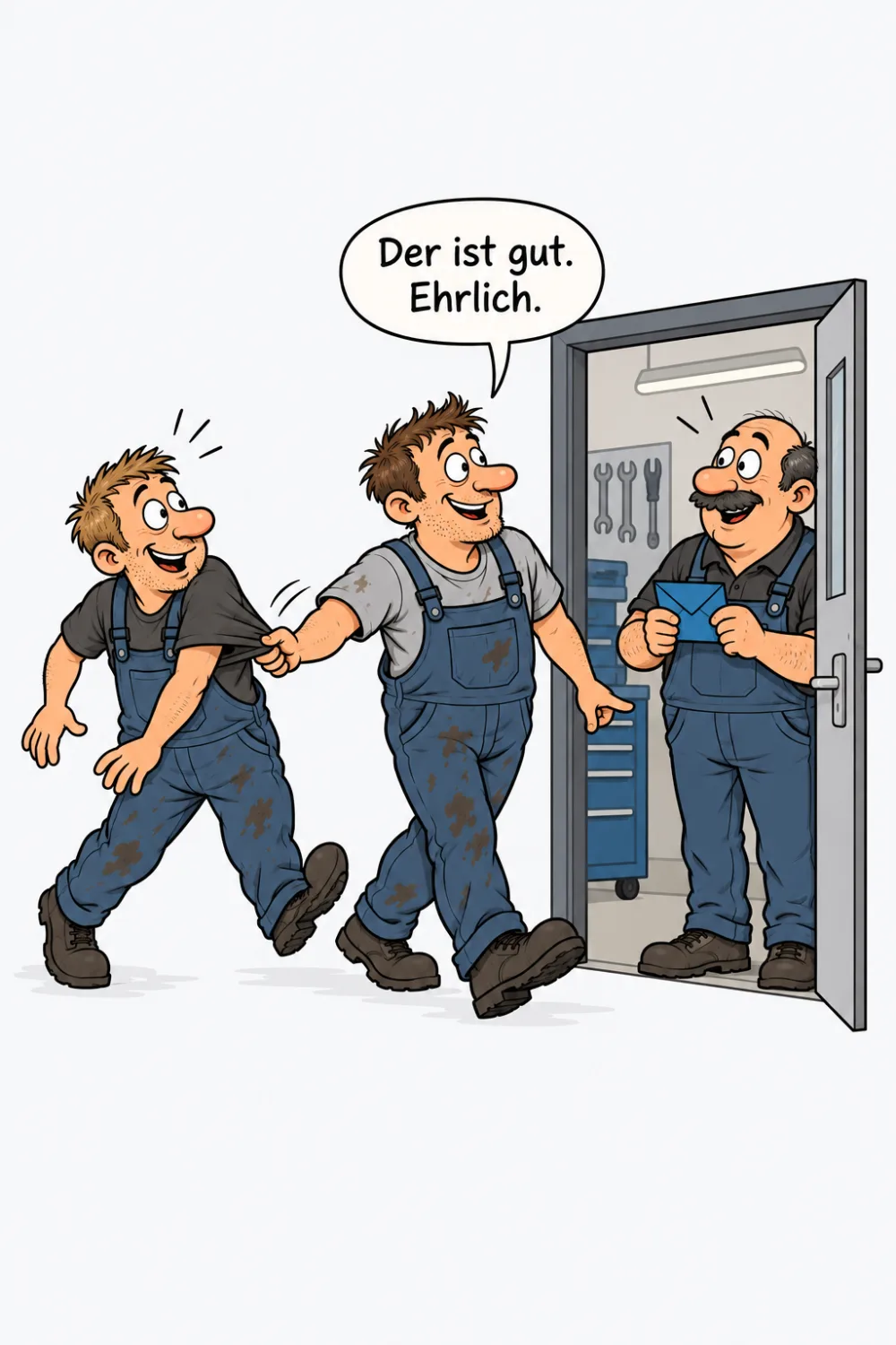 Ein Mechaniker zieht seinen Kumpel am Ärmel durch die Werkstatttür, der Chef wartet mit einem blauen Umschlag: Der ist gut. Ehrlich.