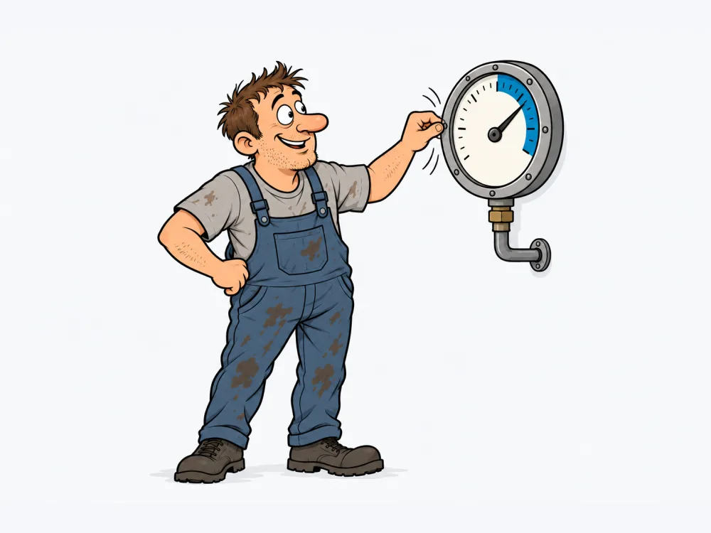 Werkstattinhaber liest ein großes rundes Manometer an der Wand, die Nadel steht im blauen Bereich