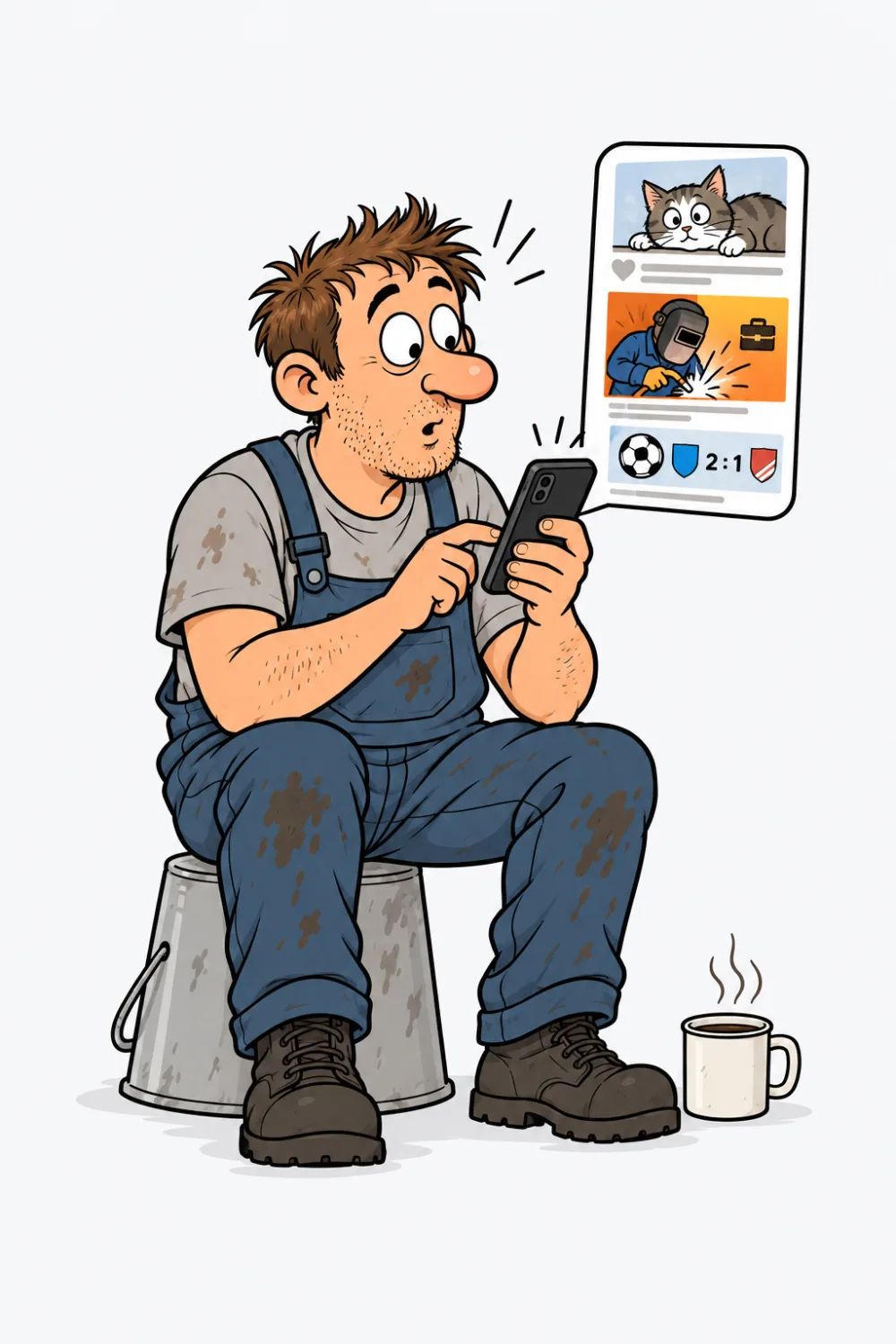 Werkstattinhaber sitzt in der Kaffeepause auf einem Eimer und entdeckt auf dem Handy eine Stellenanzeige