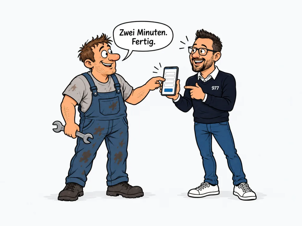 Robin hält ein Handy mit einem kurzen Formular hoch, ein Mechaniker tippt mit öligem Finger darauf und sagt: Zwei Minuten. Fertig.