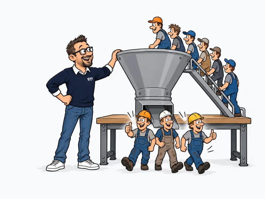Ein Werkstatttrichter: oben laufen viele Bewerber hinein, unten kommen drei Fachkräfte mit Helm heraus