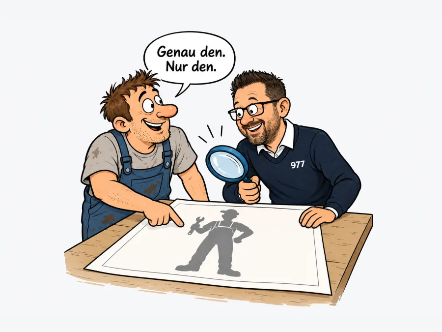 Robin und ein Werkstattinhaber beugen sich über die Zeichnung einer einzelnen Fachkraft