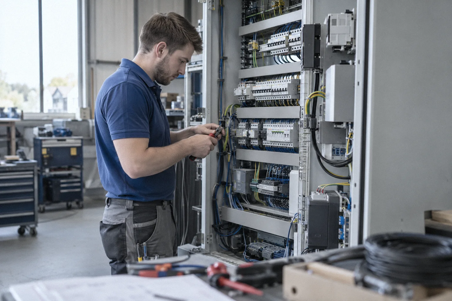 Elektriker verdrahtet einen Schaltschrank in der Werkstatt